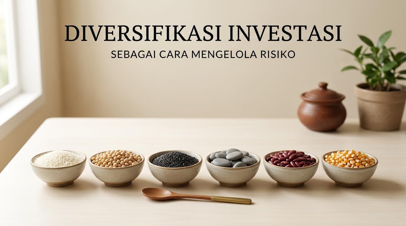 Beberapa wadah kecil berisi biji berbeda, metafora diversifikasi investasi