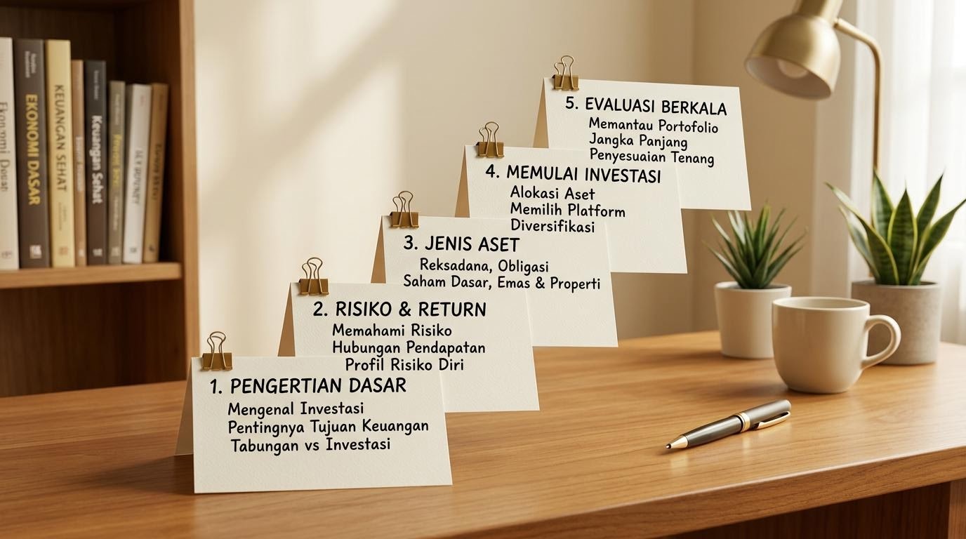 Kartu catatan tersusun bertahap untuk edukasi investasi dasar