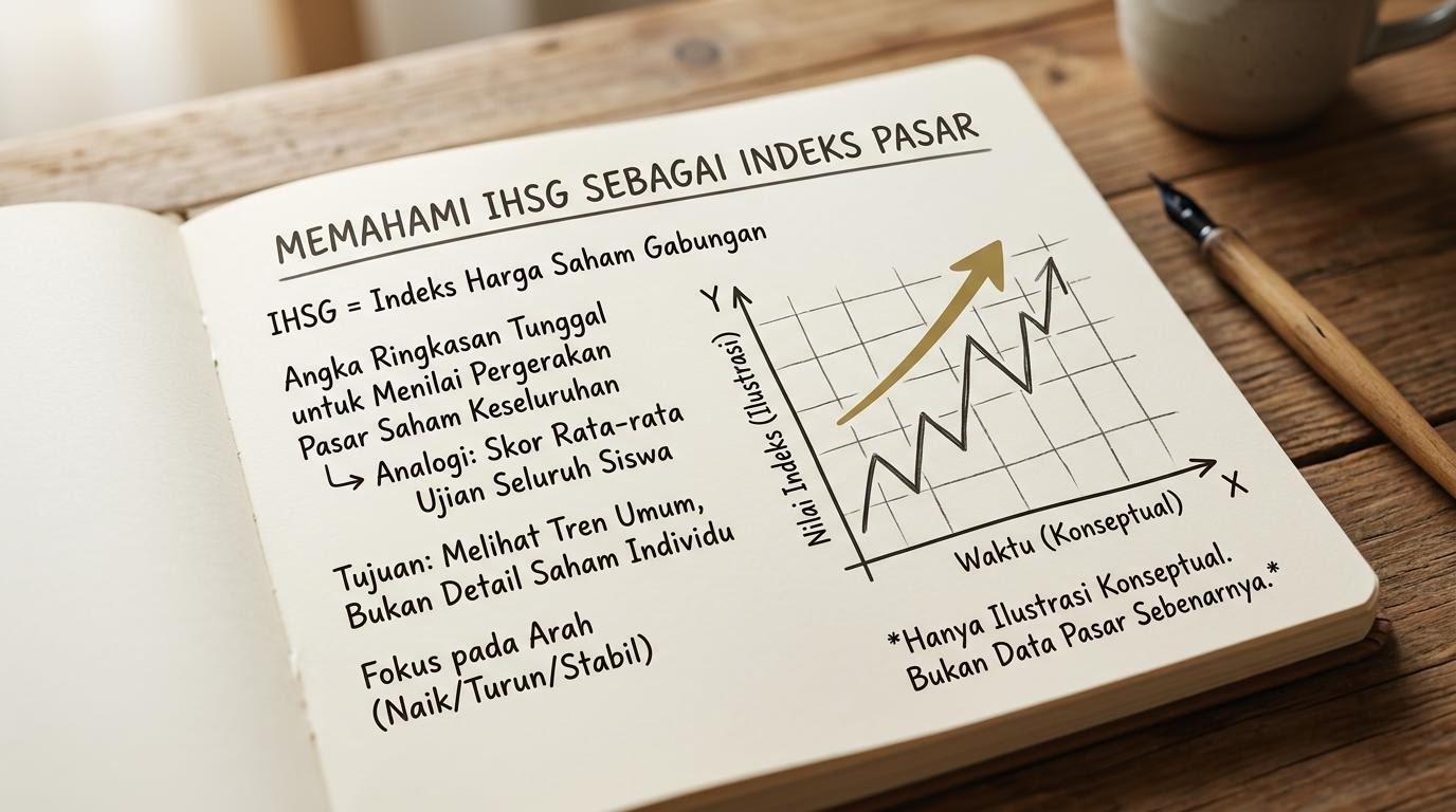 Catatan konsep IHSG dengan sketsa garis tren pasar yang bersifat ilustratif