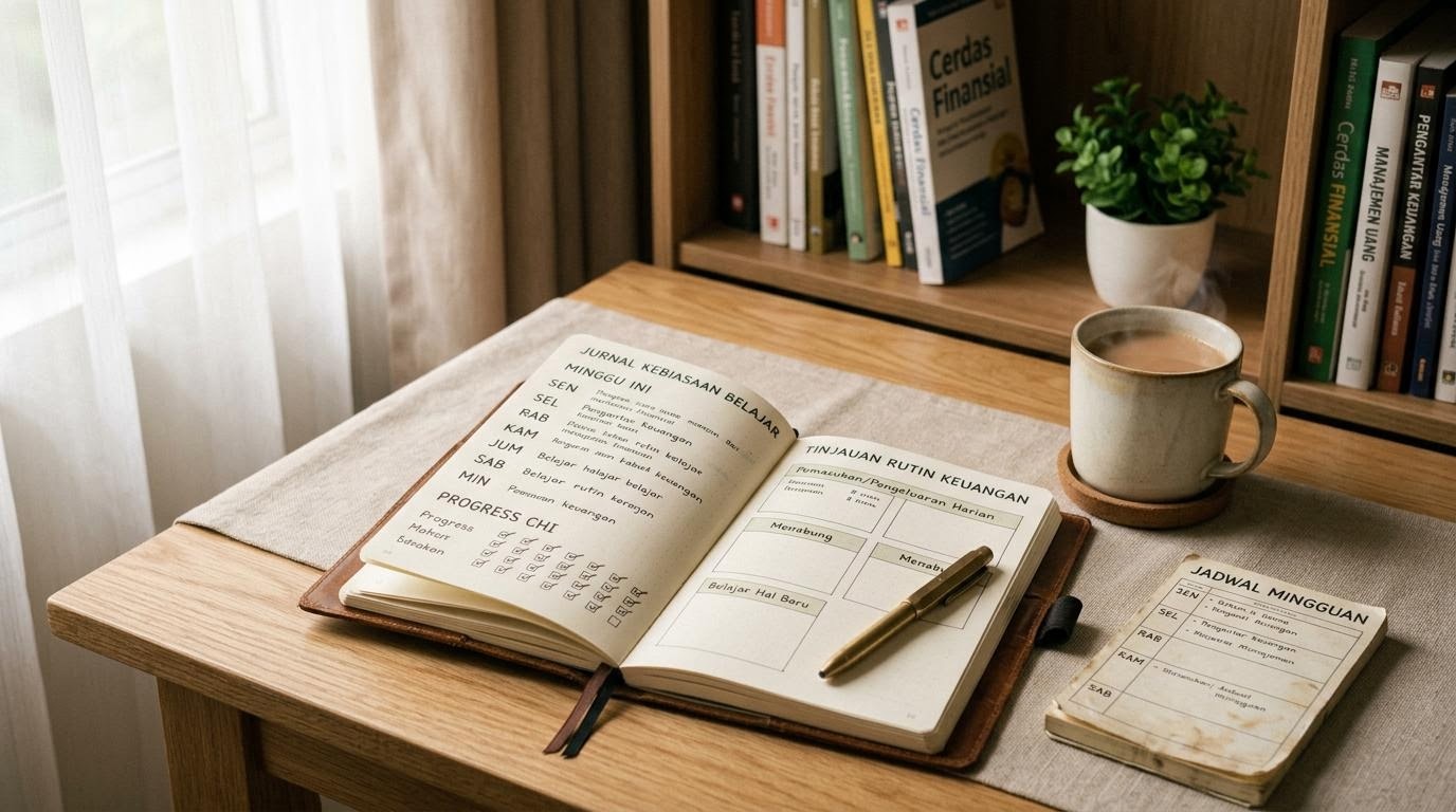 Sudut belajar harian dengan jurnal bertanggal untuk kebiasaan belajar keuangan