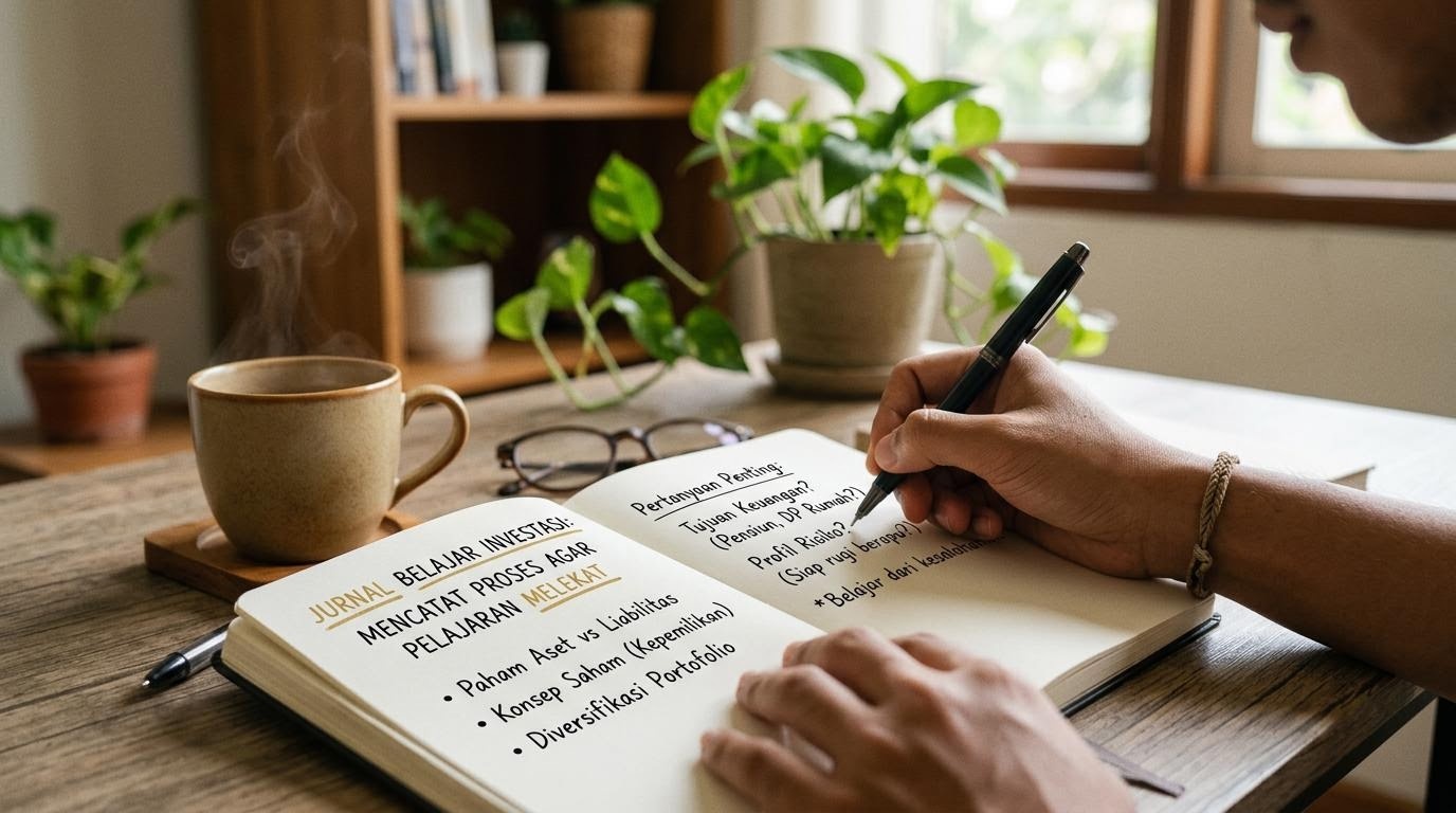Jurnal terbuka dengan pena, mencatat proses belajar investasi
