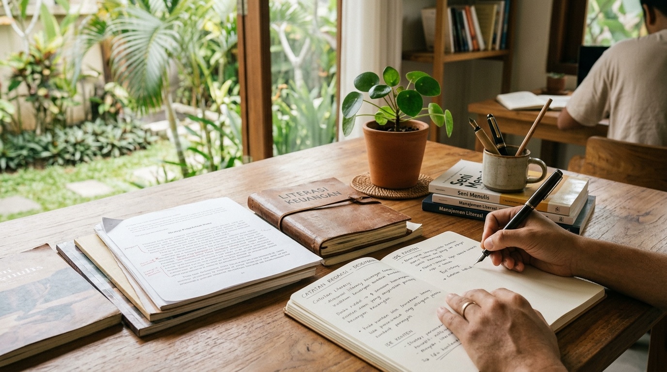 Sudut meja redaksi yang rapi dengan buku catatan dan lembar tulisan editorial