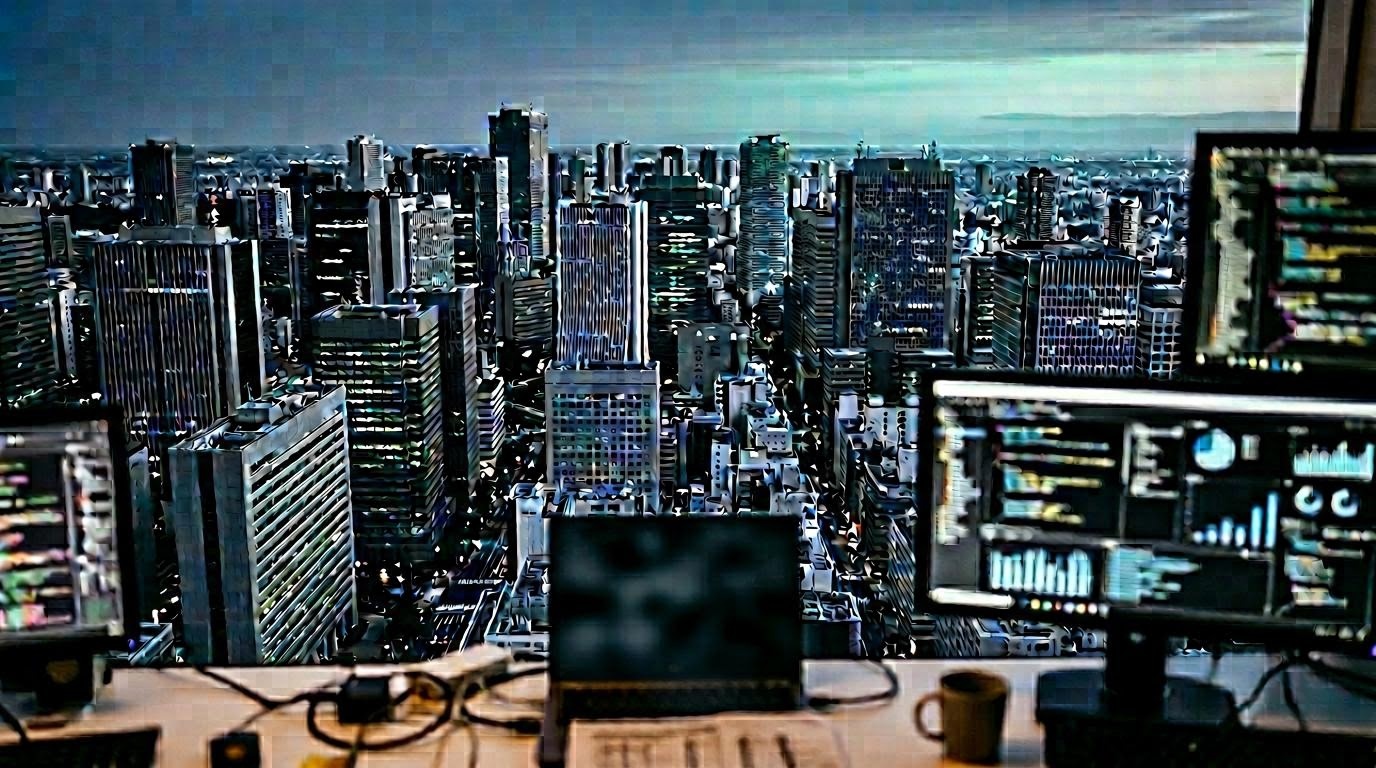 名古屋から眺める朝の金融街と編集部のダッシュボード